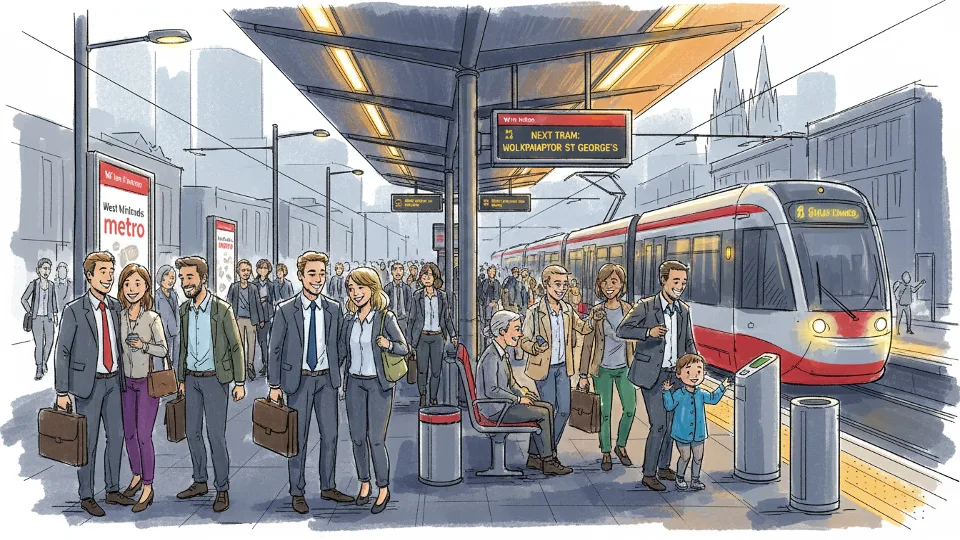 Crowded tram platform in West Midlands with passengers waiting during evening rush