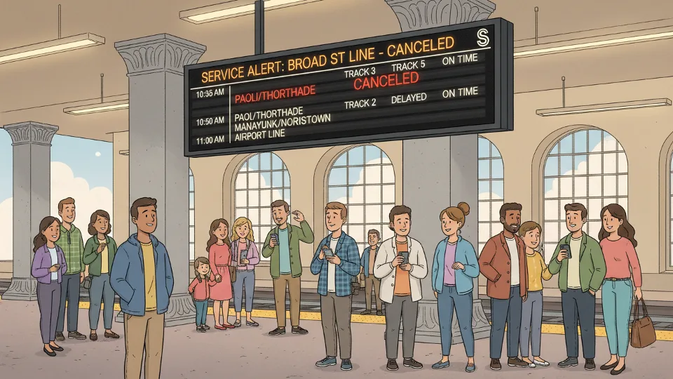 Transit information display board showing train cancellation alert at busy station