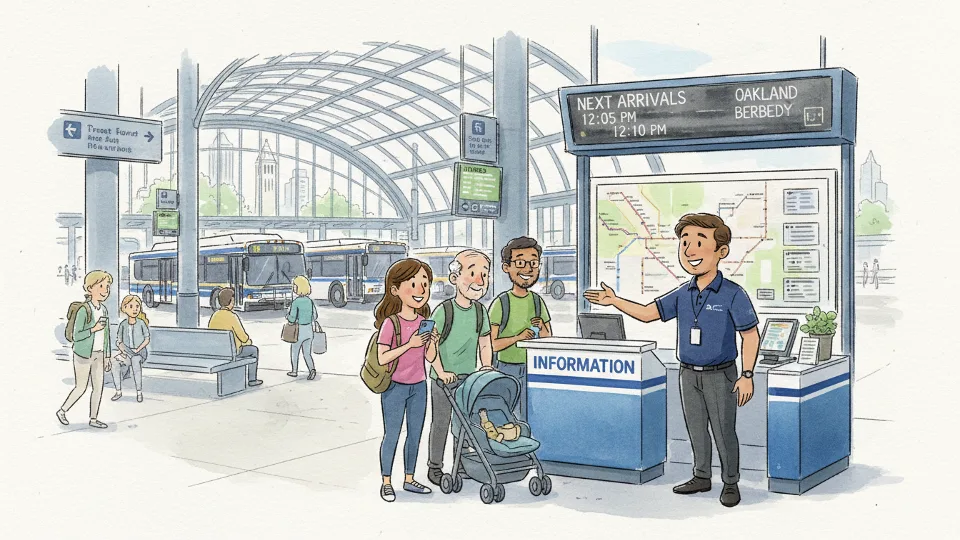 AC Transit customer service representative assisting passengers at transit center