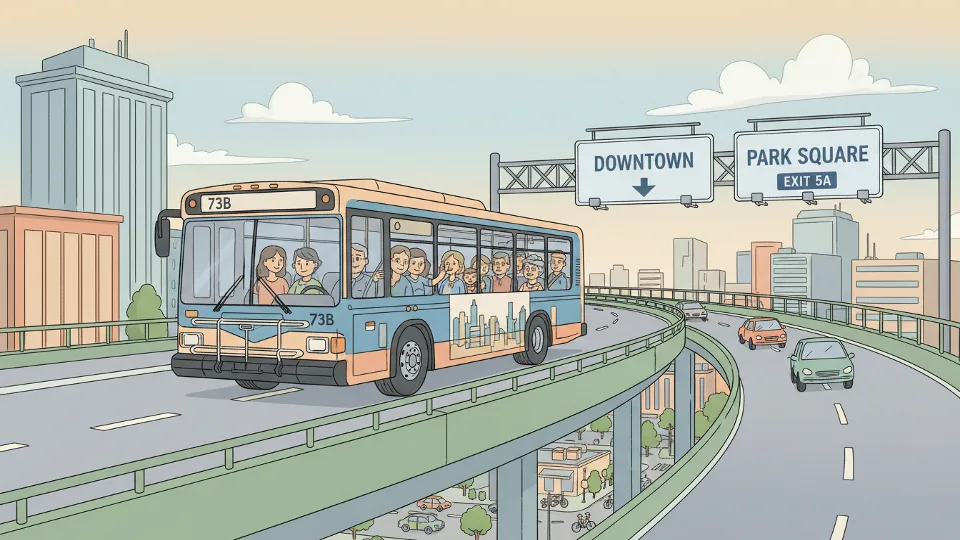 Bus traveling on elevated flyover roadway in urban area with clear signage visible