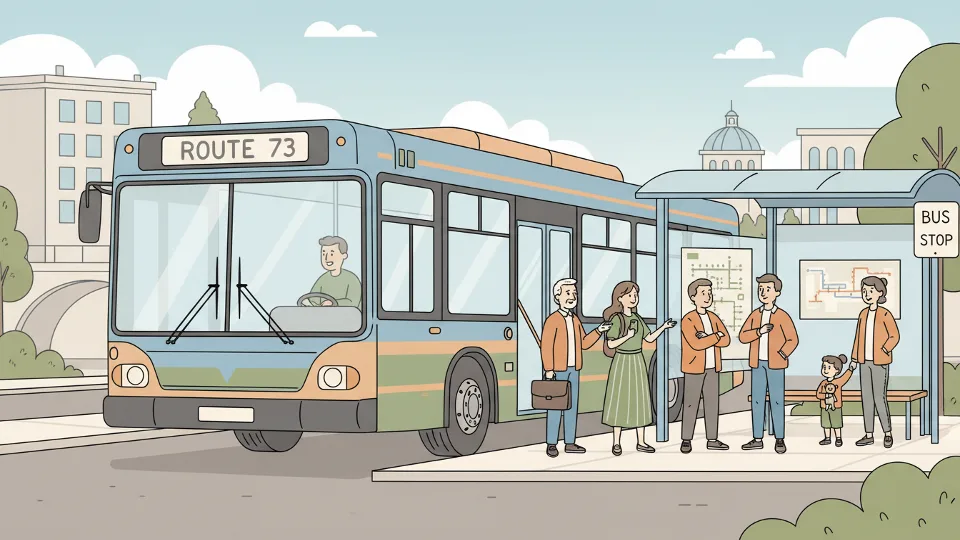 City bus at stop with route number display and passengers waiting to board