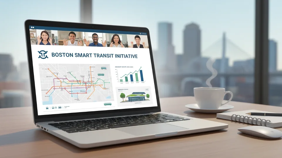 Virtual meeting on laptop screen showing transit planning presentation