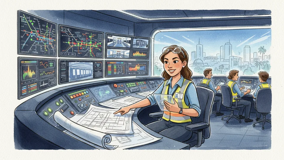 Female engineer reviewing technical plans at transit control center with monitoring screens