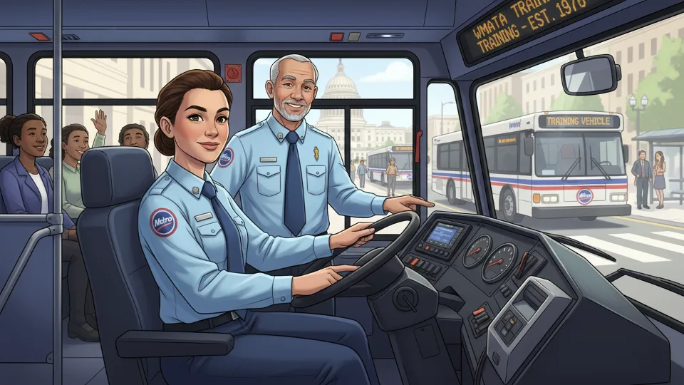 Metro bus operator trainee at the wheel of a transit bus during training