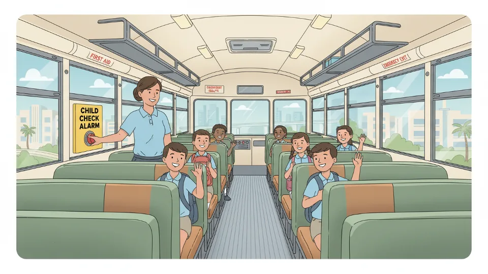 Interior of private school bus showing child safety alarm system and passenger seats