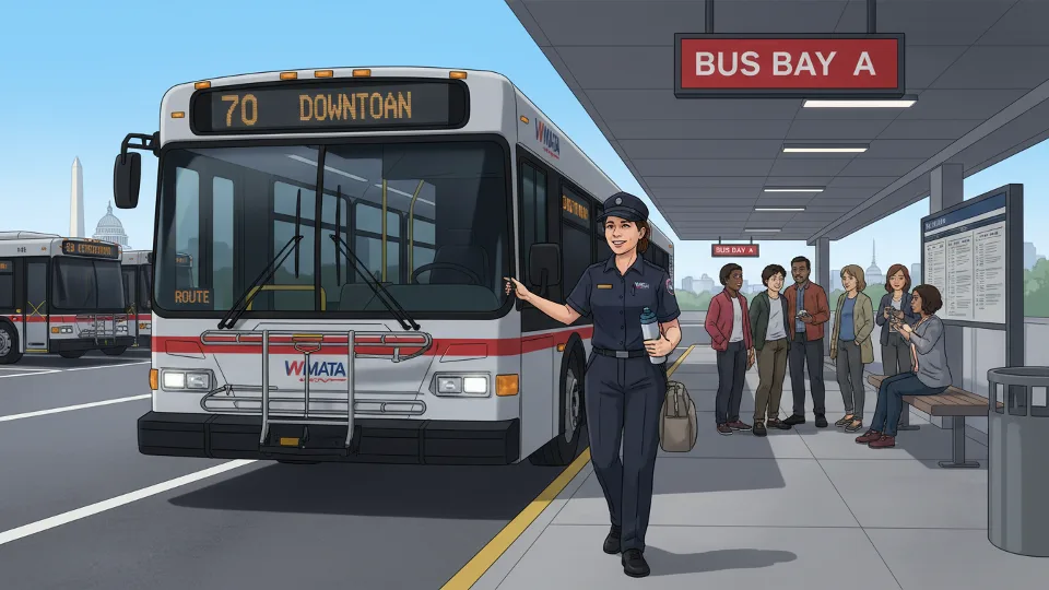 Metro bus operator returning to vehicle at station