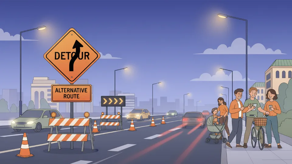 Detour signs and alternative route markers on urban road at dusk with vehicle headlights