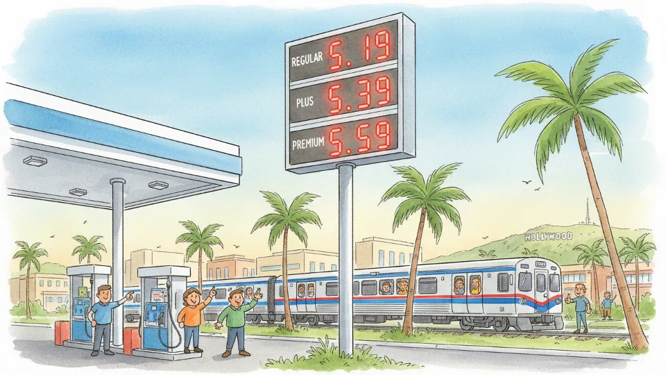 Gas price display sign showing prices above $5 per gallon at California fuel station with Metrolink train visible in background