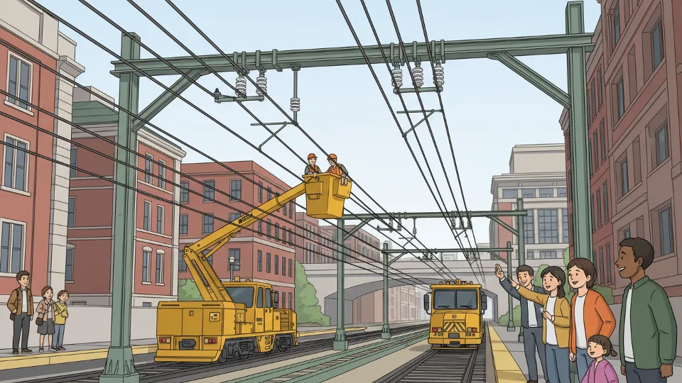 Close-up of MBTA overhead catenary wire system with maintenance equipment