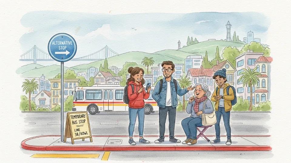 Transit riders waiting at alternative bus stop in San Francisco Bay Area