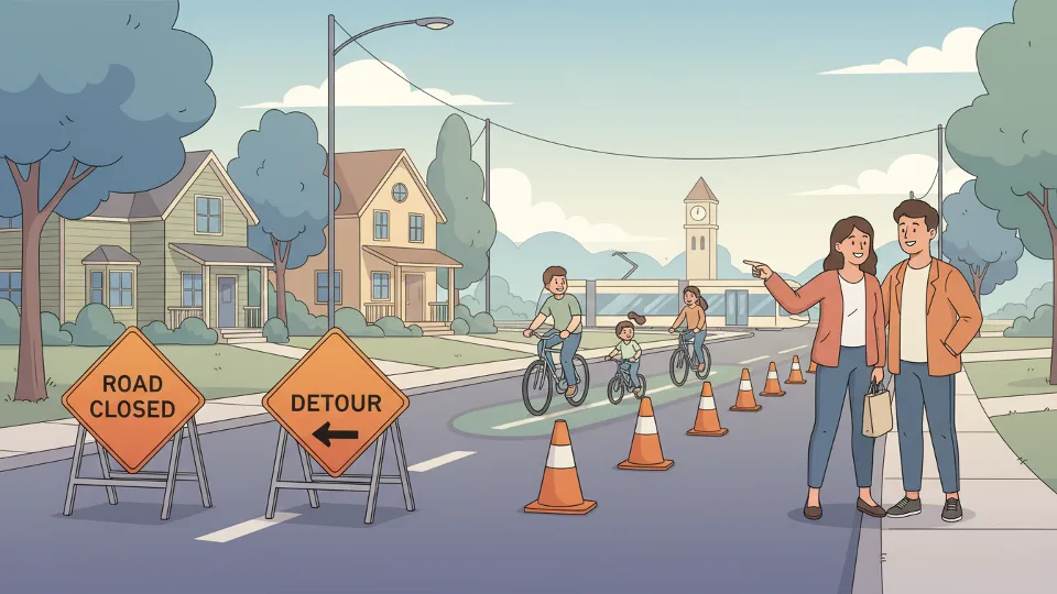 Traffic diversion signs and orange construction cones on a closed residential road