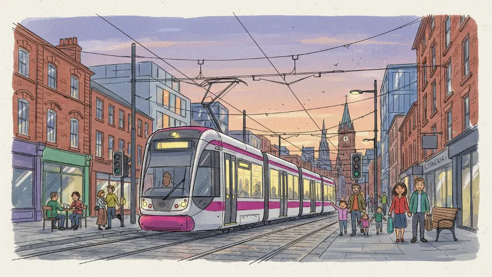 West Midlands Metro tram traveling through urban corridor with overhead power lines visible