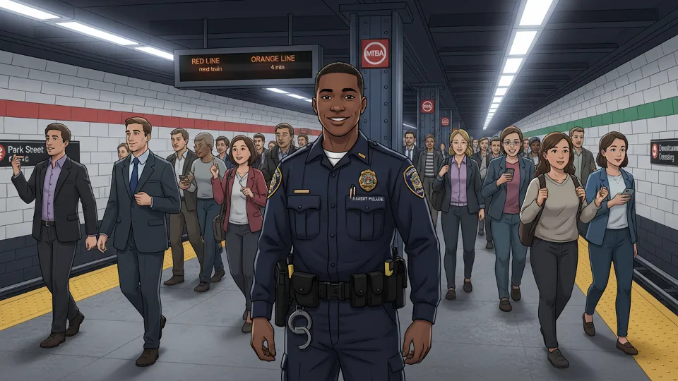 MBTA Transit Police officer standing at busy subway platform with crowd of passengers