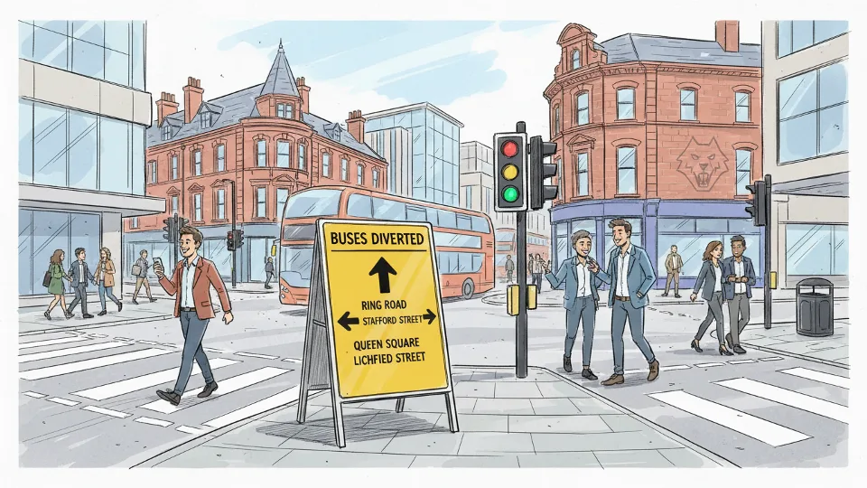 Bus route diversion sign showing alternate path with street names clearly visible at Wolverhampton intersection