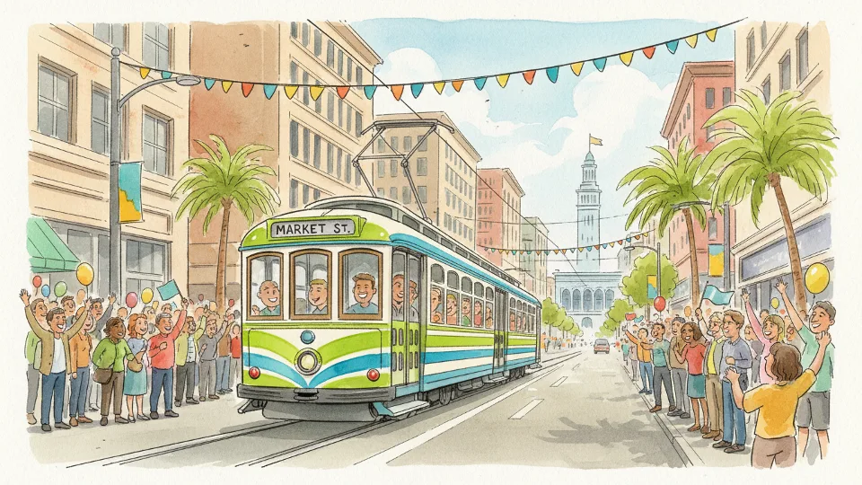 Historic streetcar on Market Street with parade crowds and festive decorations visible