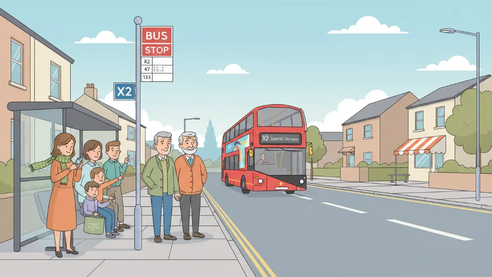 Bus stop sign along Crosby Road South with passengers waiting as bus approaches on restored route