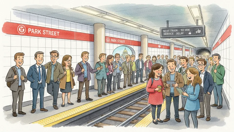 MBTA Red Line station platform showing crowded conditions during service delay