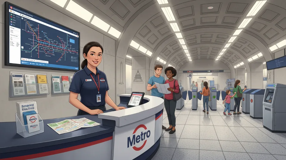 Metro customer service representative at information desk inside transit station
