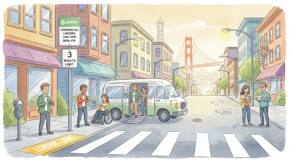Designated curb loading zone with painted markings and signage on San Francisco city street