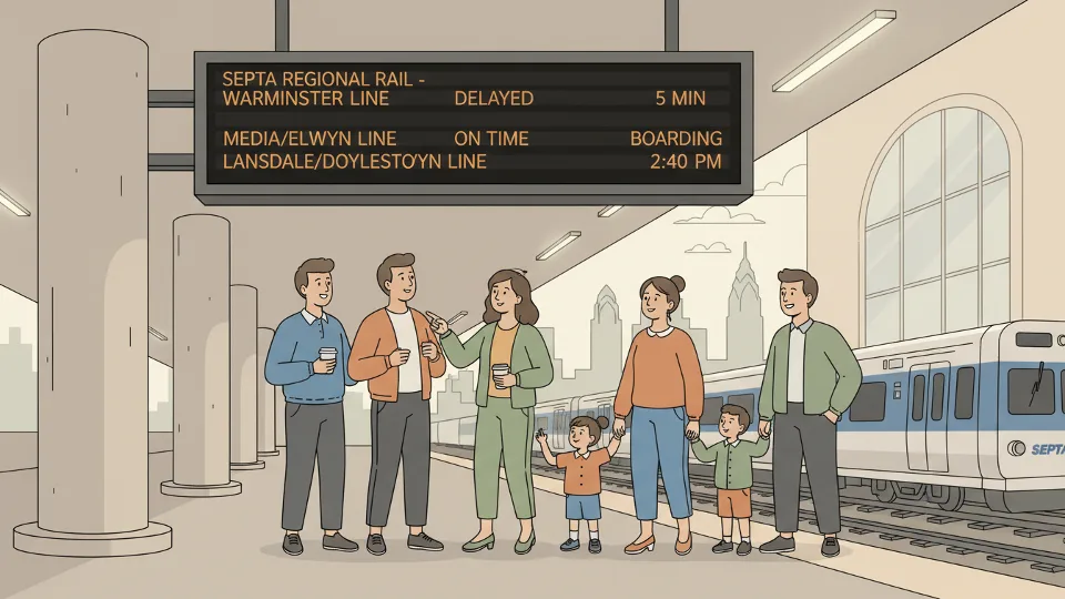 Transit information display board showing train delay notifications at station