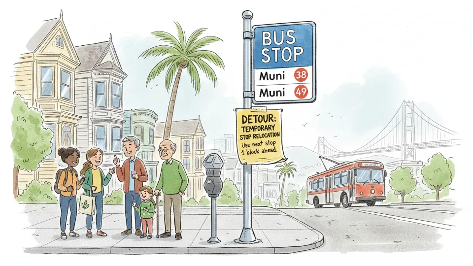 Transit bus stop sign with detour notice posted in San Francisco Bay Area