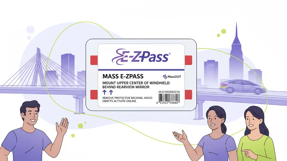 Close-up of E-ZPass sticker tag showing installation instructions and activation details