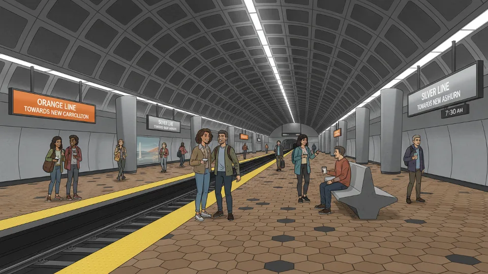Metro station interior with Orange and Silver Line signage, passengers waiting on platform