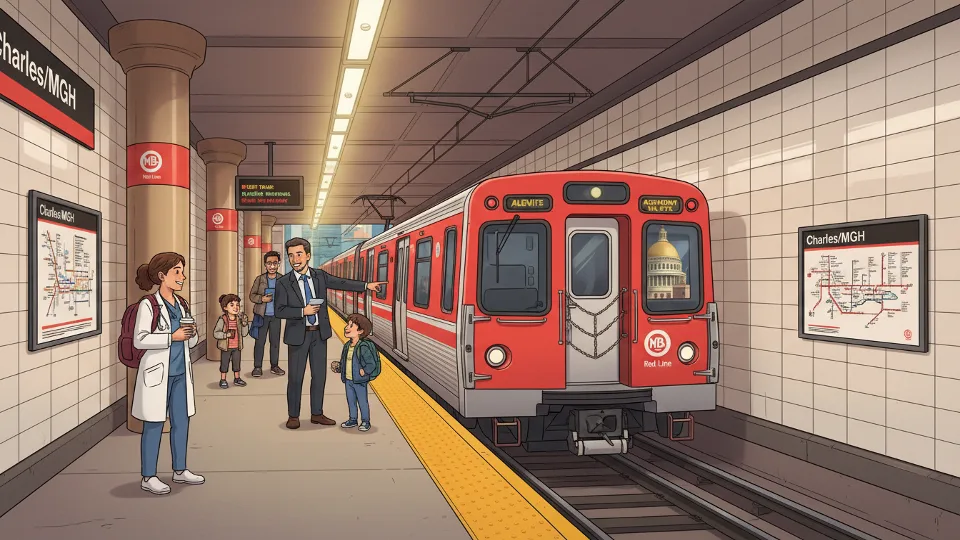 MBTA Red Line train at Charles/MGH station platform with passengers waiting