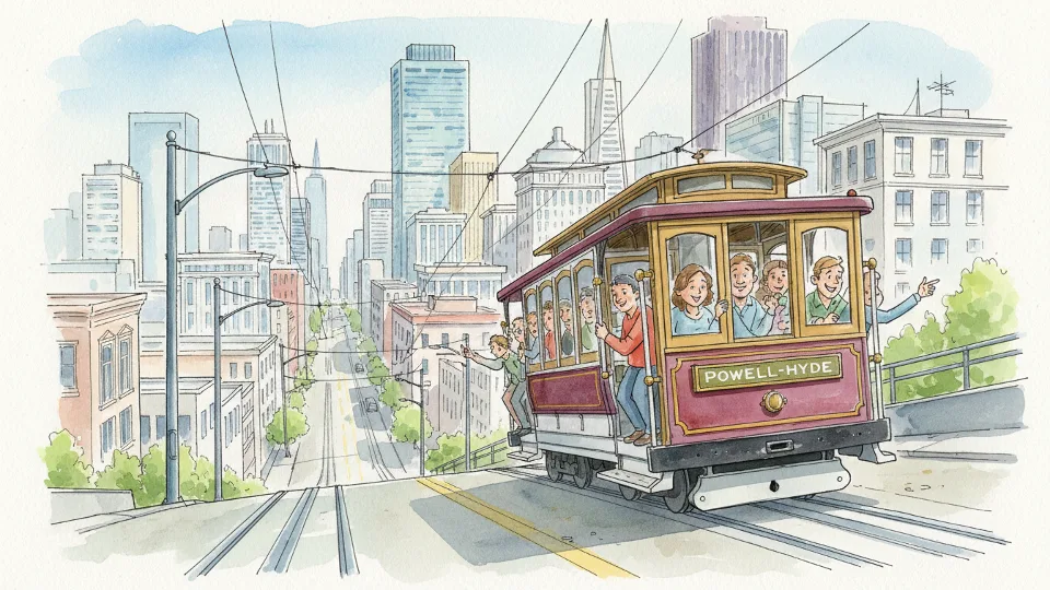 Historic San Francisco cable car on Powell Street with passengers aboard, climbing steep hill with downtown buildings in background