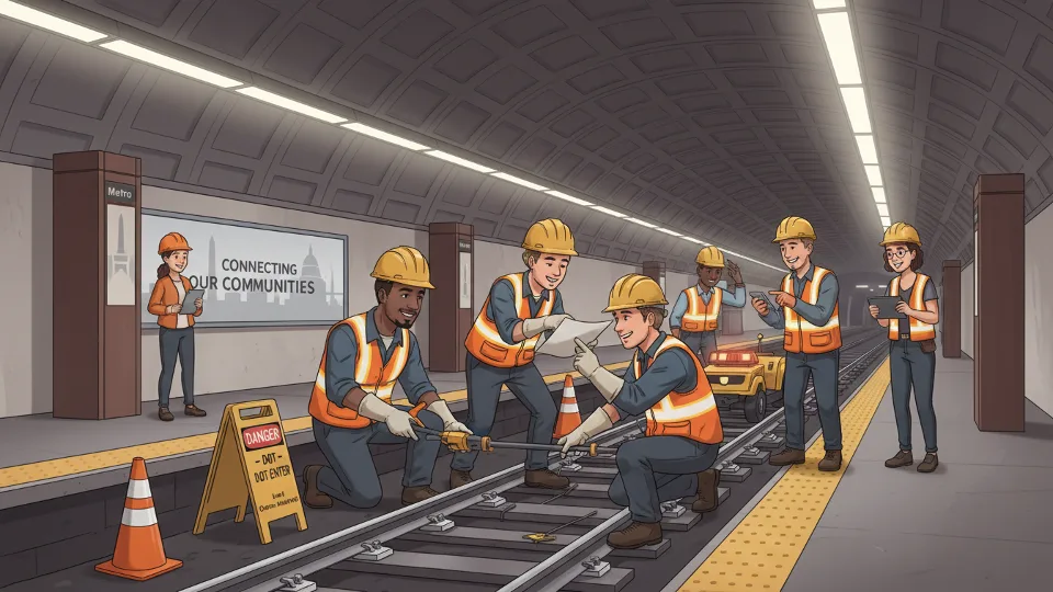 Metro maintenance crew working on third rail infrastructure at transit station