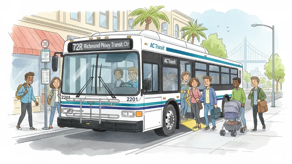 AC Transit bus at stop with passengers boarding in San Francisco Bay Area