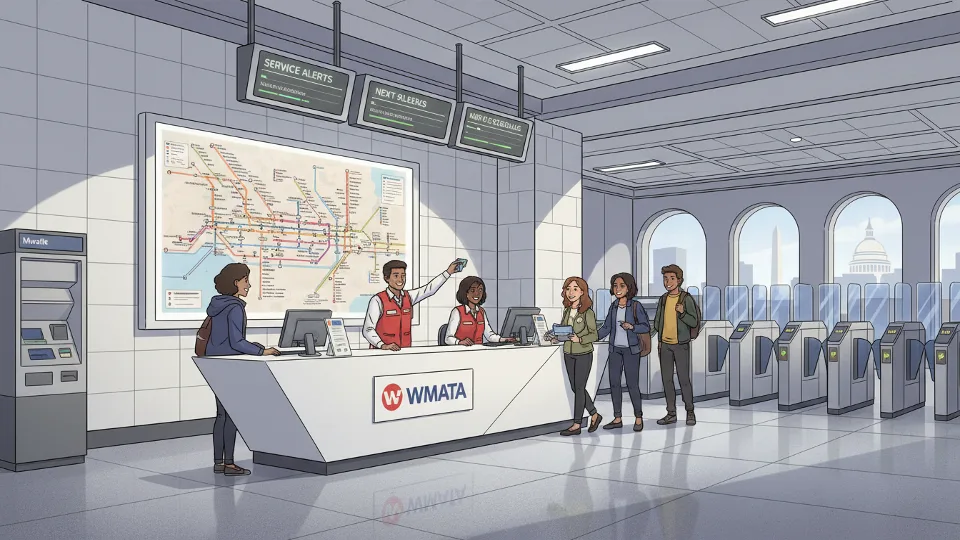 Metro customer service center with information desk and transit maps