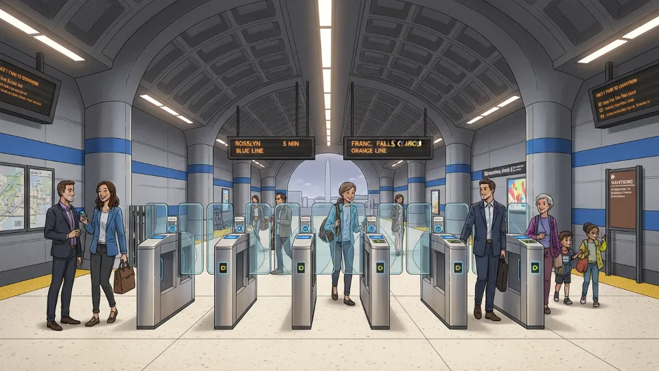 Interior view of WMATA Metrorail station platform with fare gates and digital information displays