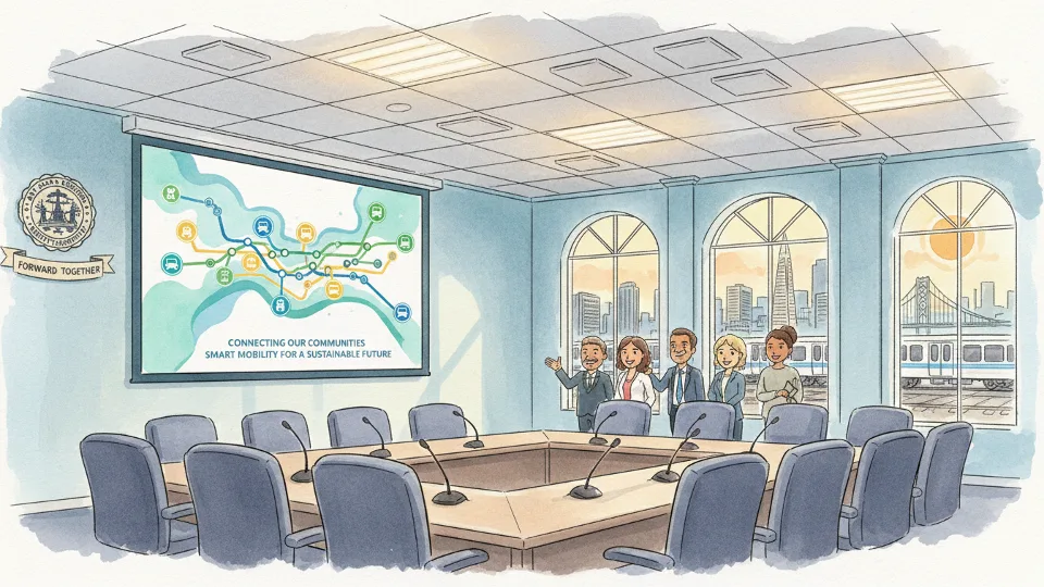 Transit agency board meeting room with empty chairs and presentation screen