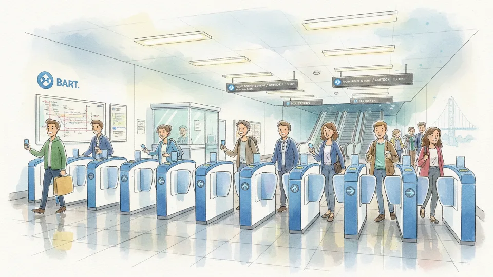 BART station entrance with fare gates and passengers entering system