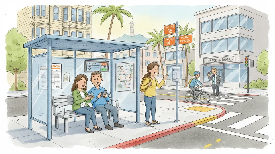 Transit riders waiting at bus stop on urban street in Bay Area, showing passengers checking schedules and looking for approaching buses