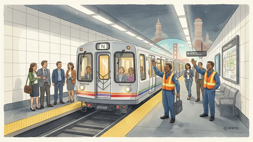 Muni Metro train at underground station platform with transit workers visible