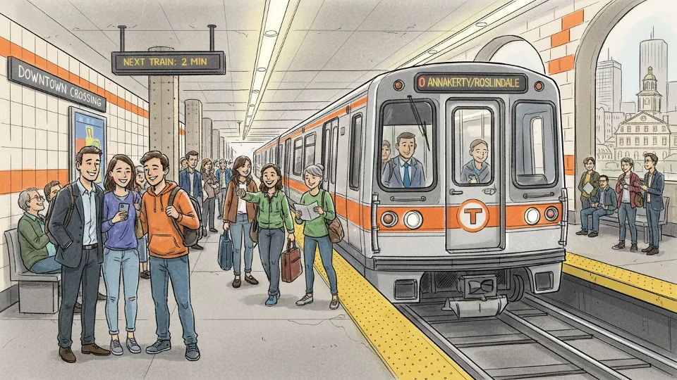 MBTA subway train at downtown Boston station platform with passengers waiting