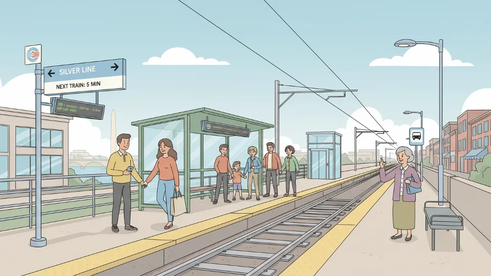Light rail platform with directional signage and track infrastructure visible
