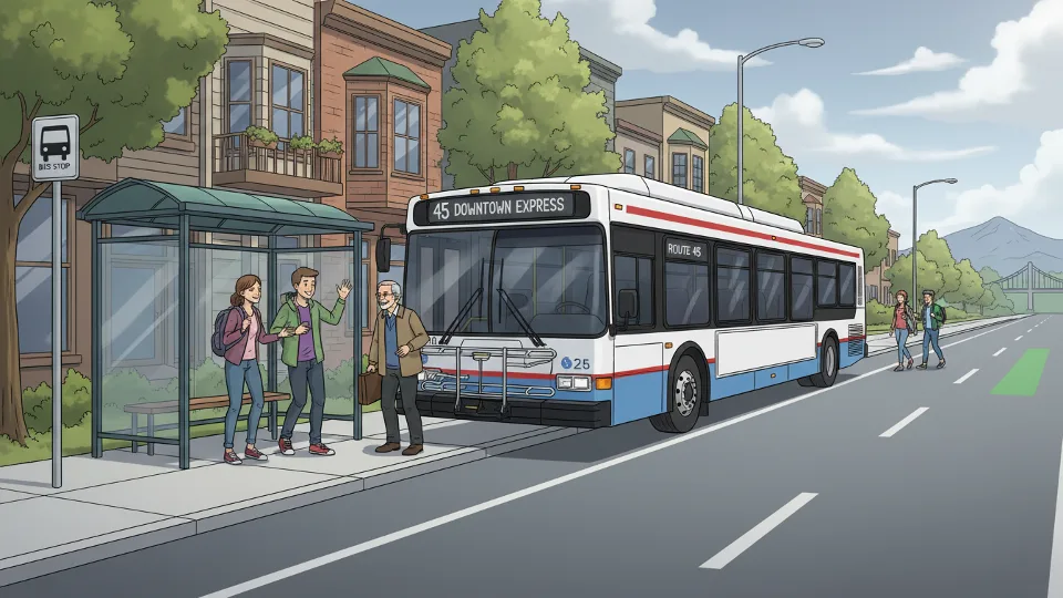 Transit bus at stop in North West neighborhood with clear road ahead