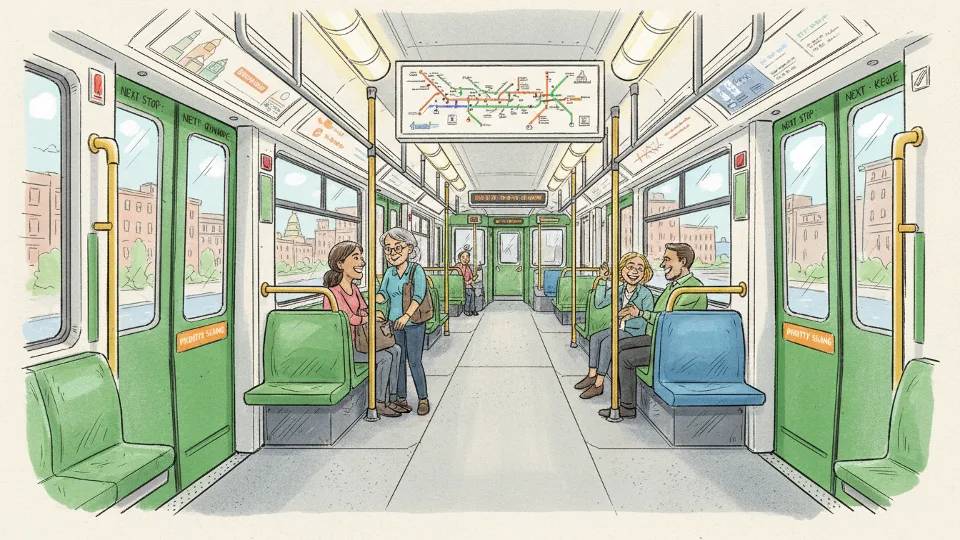 MBTA Green Line train interior showing passenger seating and route map