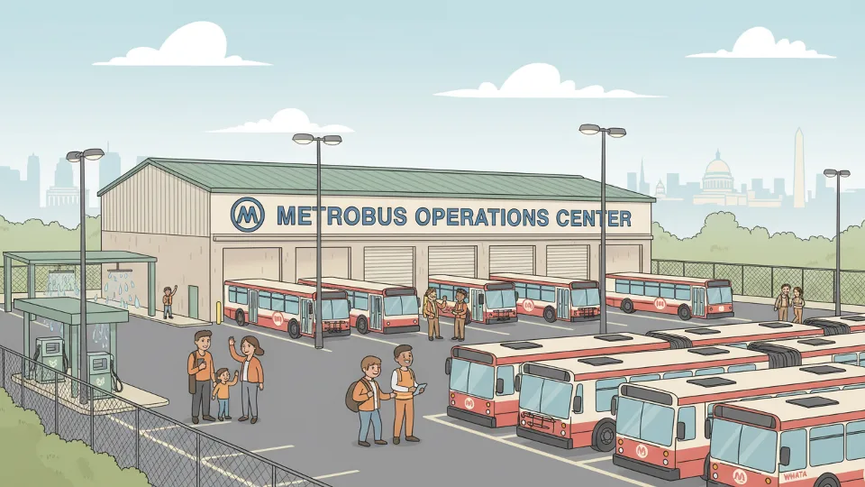 Metro transit facility exterior with multiple service bays, fleet of buses parked in maintenance yard