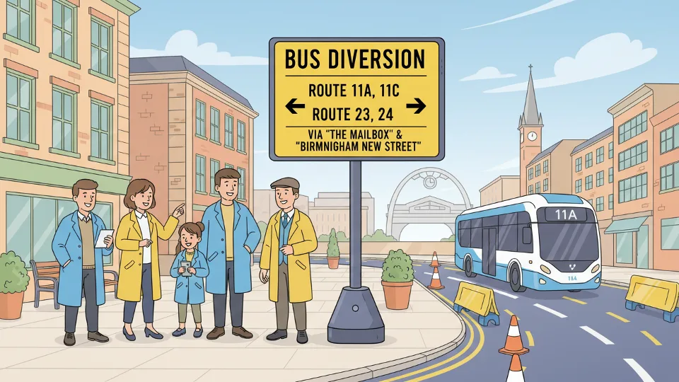 Bus route diversion sign showing alternate path with directional arrows on urban street