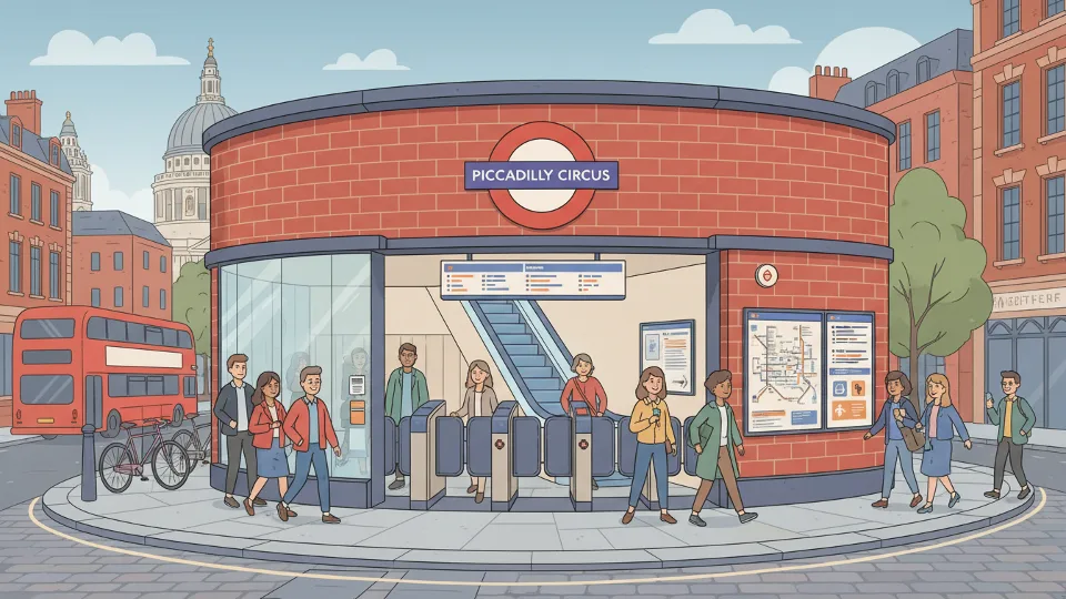 London Underground station entrance with TfL roundel logo and passengers entering