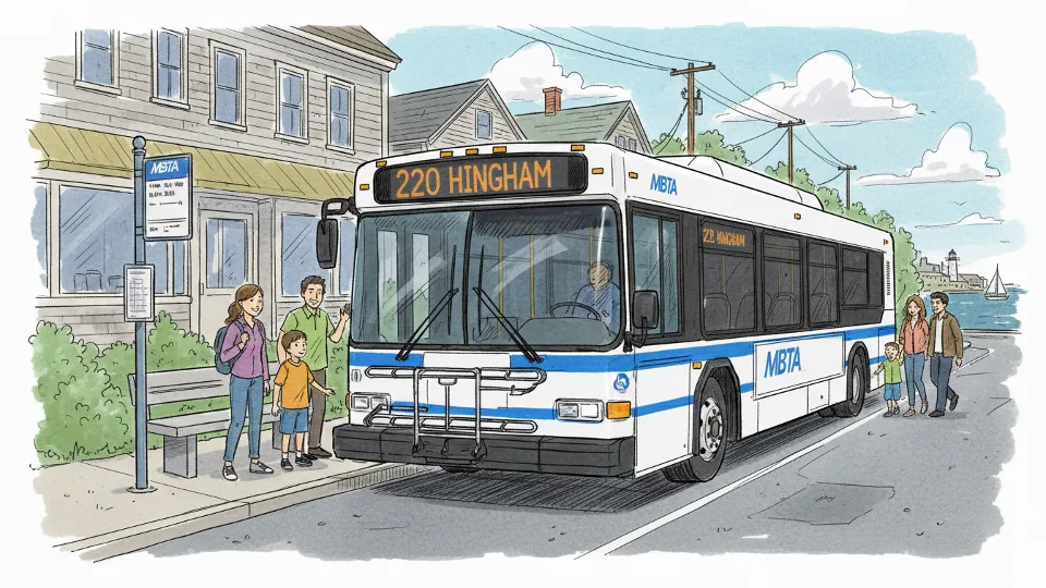 MBTA bus at transit stop in Hingham or Hull area with route number visible on destination sign