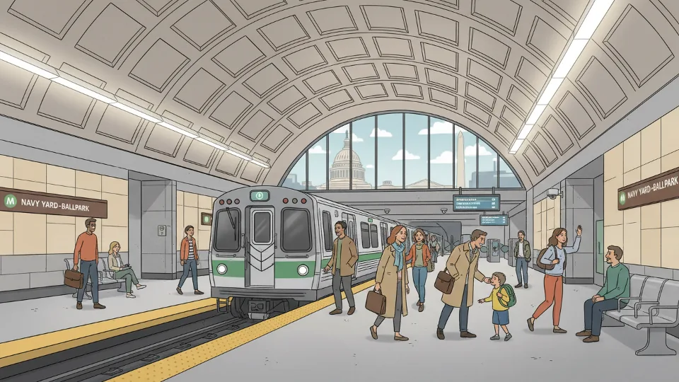 Wide view of Navy Yard-Ballpark Metro station platform with Green Line train, passengers waiting, modern station infrastructure and lighting