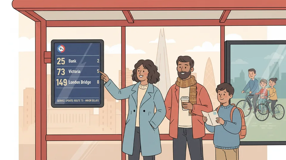 Close-up of digital bus stop display screen at London bus shelter