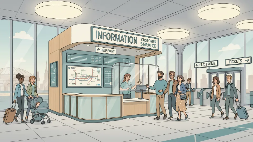 Customer service information desk at West Midlands Metro station with signage