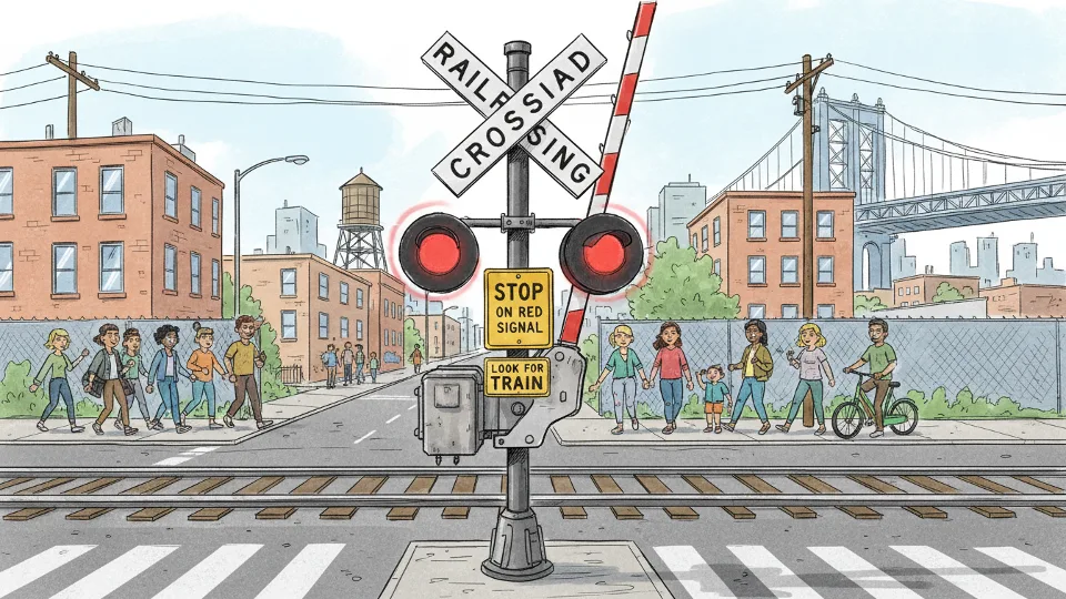 Close-up view of railroad crossing warning sign and signal equipment at NYC metro area grade crossing, safety instructions clearly visible, urban transit infrastructure