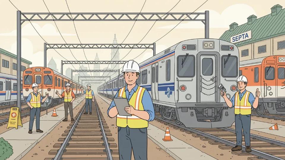 SEPTA maintenance worker inspecting train equipment at a rail yard facility